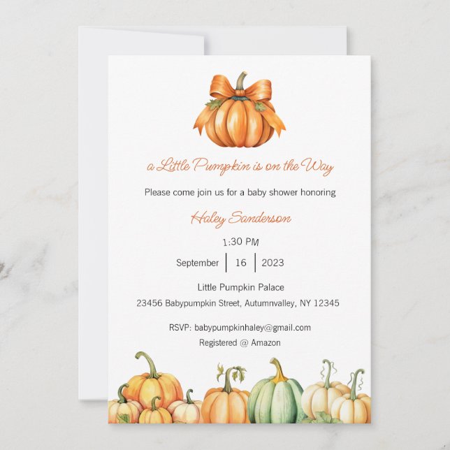 A Little Pumpkin is on the Way Invitation, Baby  Invitation (Front)