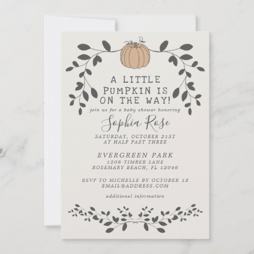 A little pumpkin is on the way neutral baby shower invitation