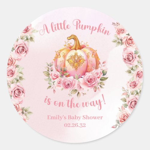 A little pumpkin is on the way pink and gold girl  classic round sticker