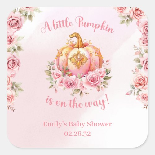 A little pumpkin is on the way pink and gold girl  square sticker