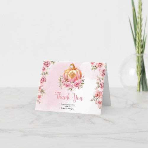 A little pumpkin is on the way pink and gold girl  thank you card