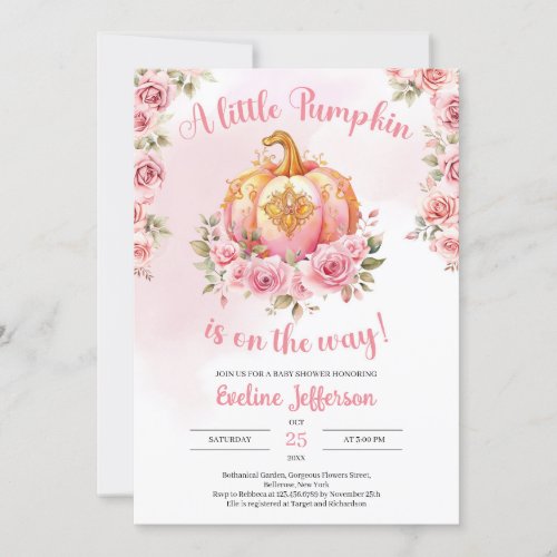 A little pumpkin is on the way pink and gold  invitation