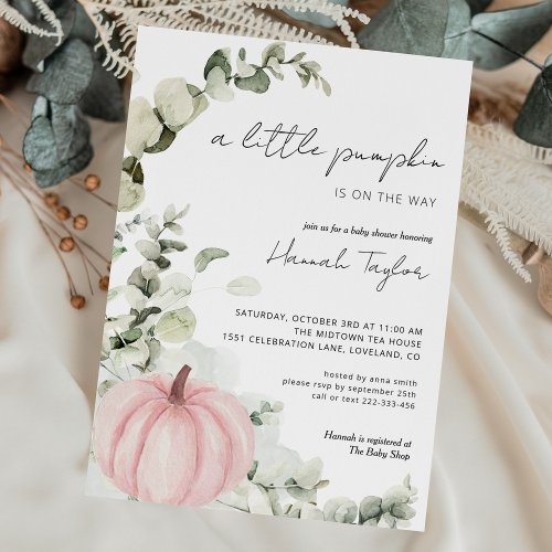 A Little Pumpkin is on the Way Pink Baby Shower Invitation