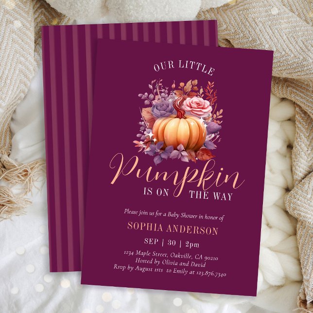 A Little Pumpkin Is On The Way Purple Baby Shower Invitation (Creator Uploaded)