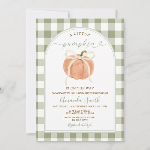A Little Pumpkin Is on the Way Sage Baby Shower Invitation