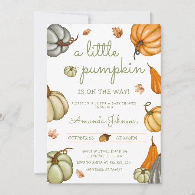 A little Pumpkin is on the way Sage Baby Shower Invitation (Front)