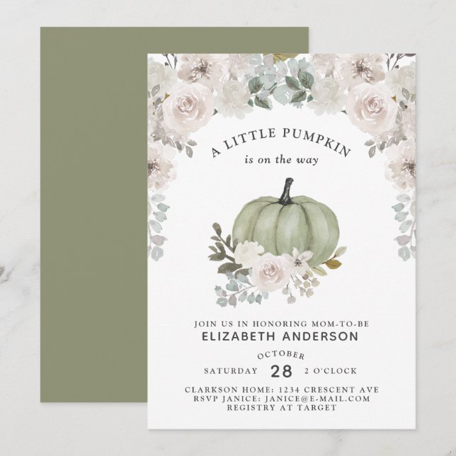 A Little Pumpkin Is On The Way Sage Floral Invitation (Front/Back)