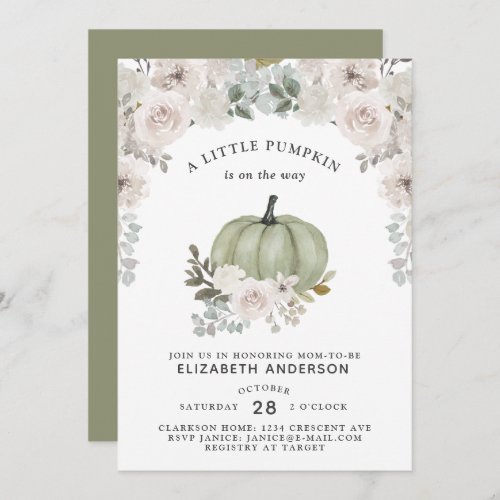 A Little Pumpkin Is On The Way Sage Floral Invitation