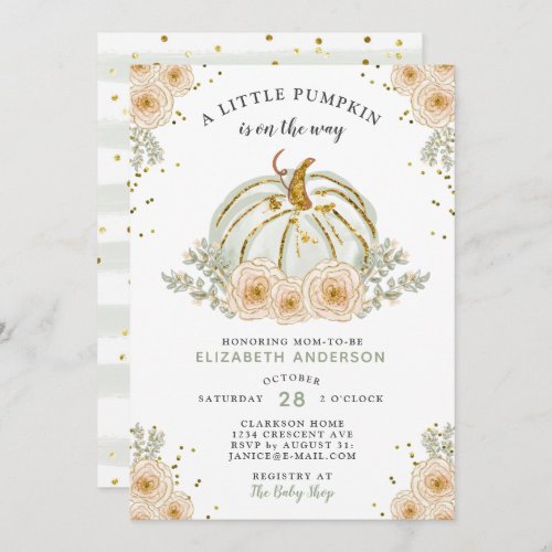 A Little Pumpkin Is On The Way Sweet Floral Mint Invitation