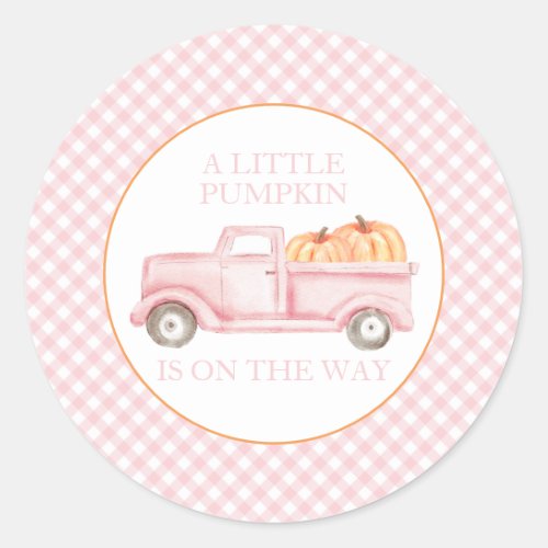 A Little Pumpkin light pink truck baby shower Classic Round Sticker