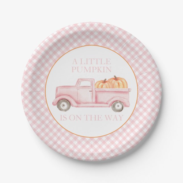A Little Pumpkin light pink truck baby shower Paper Plates (Front)