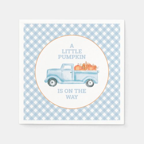 A Little Pumpkin on the way blue truck baby shower Napkins