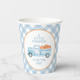 A Little Pumpkin on the way blue truck baby shower Paper Cups