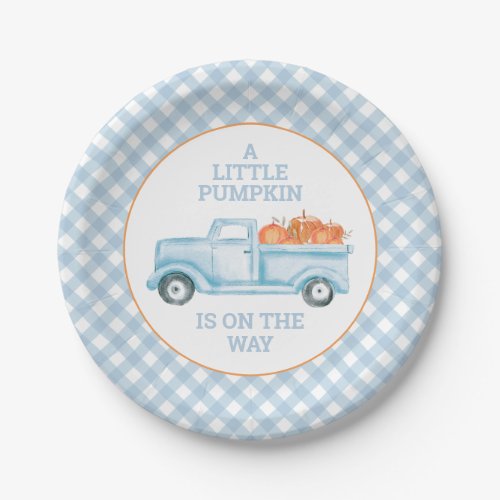 A Little Pumpkin on the way blue truck baby shower Paper Plates