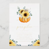 A Little Pumpkin On The Way Sunflowers Baby Shower Foil Invitation (Front)