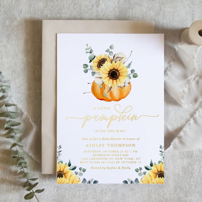 A Little Pumpkin On The Way Sunflowers Baby Shower Foil Invitation (Customizable A Little Pumpkin On The Way Sunflowers Baby Shower Gold Foil Invitation)