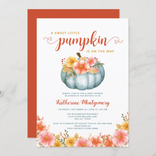 A Little Pumpkin Orange Autumn Floral Baby Shower Invitation