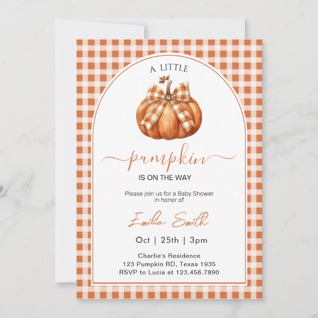 A Little Pumpkin Orange gingham Baby Shower Invitation (Front)