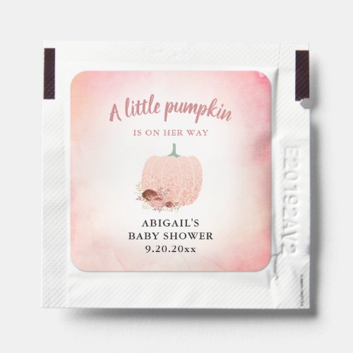 A Little Pumpkin Peach Glitter Baby Shower Hand Sa Hand Sanitizer Packet - This autumn baby shower hand sanitizer features a graphic of a pumpkin accented with peach and rose gold glitter and fall colored flowers. This is a perfect party favor for your fall baby shower guests. 
