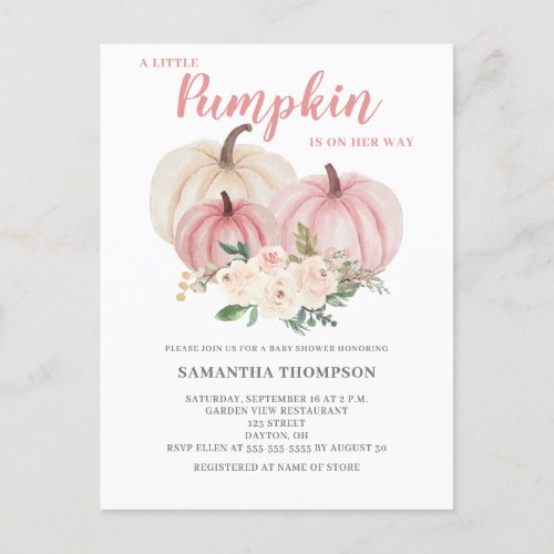 A Little Pumpkin Pink Baby Shower Invitation Postcard