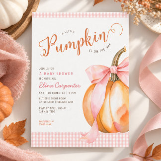 A little pumpkin pink bow gingham baby shower invitation