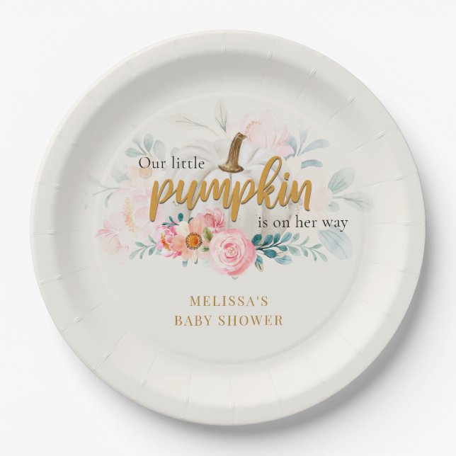 A Little Pumpkin Pink Floral Girl Baby Shower Paper Plates (Front)