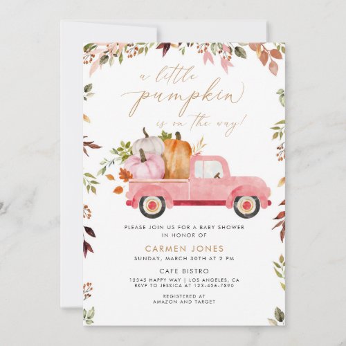 A Little Pumpkin Pink Truck Fall Baby Shower Invitation