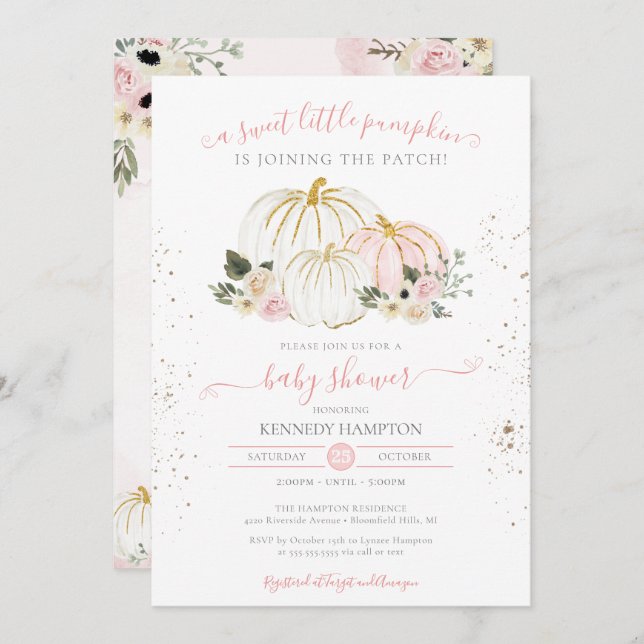 A Little Pumpkin Pink White Girl Baby Shower Invitation (Front/Back)