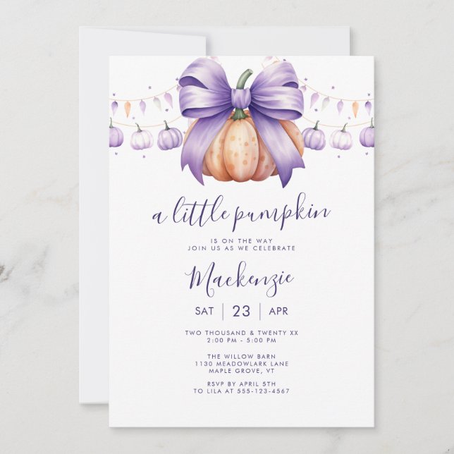 A Little Pumpkin Purple Baby Shower Invitation (Front)