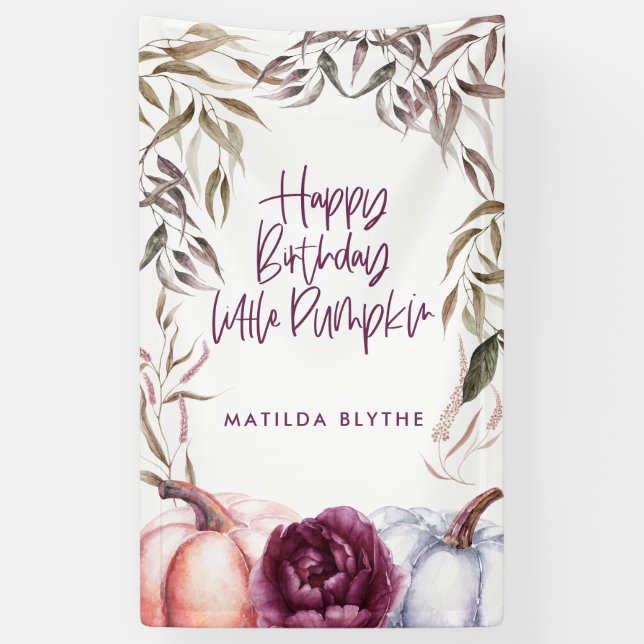 A little pumpkin purple floral fall birthday banner (Vertical)