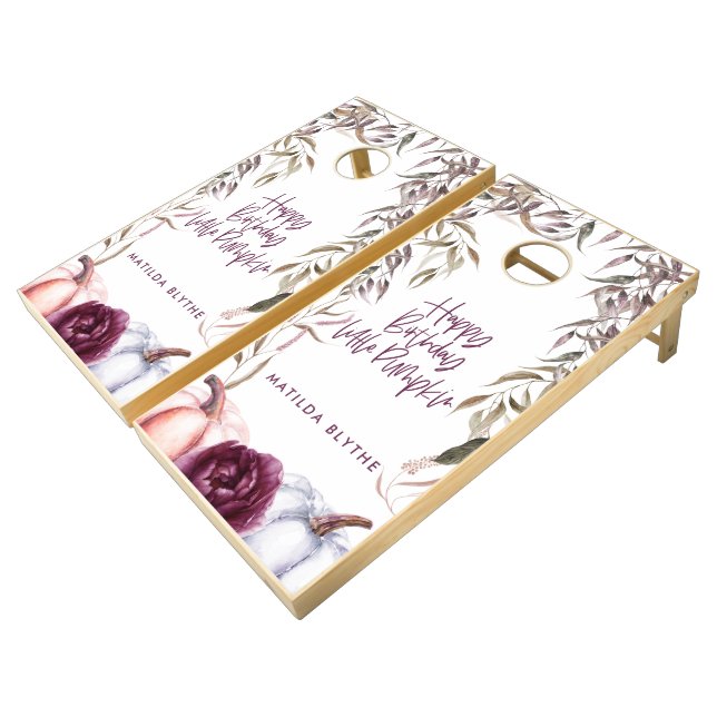 A little pumpkin purple floral fall birthday  cornhole set (Angled)