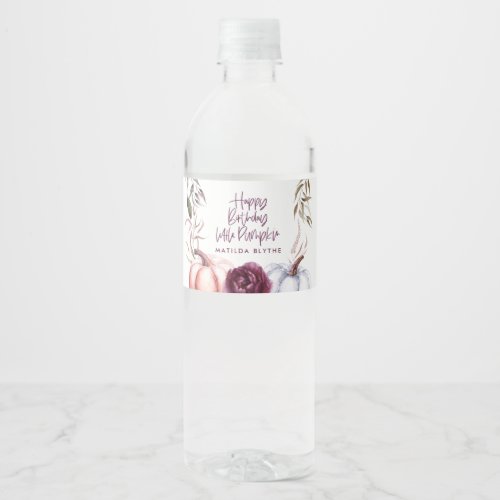 A little pumpkin purple floral fall birthday water bottle label