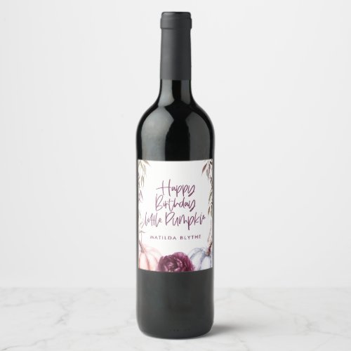 A little pumpkin purple floral fall birthday wine label