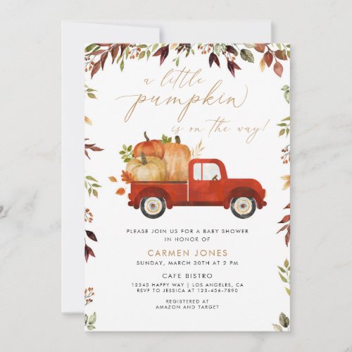 A Little Pumpkin Red Truck Fall Baby Shower Invitation