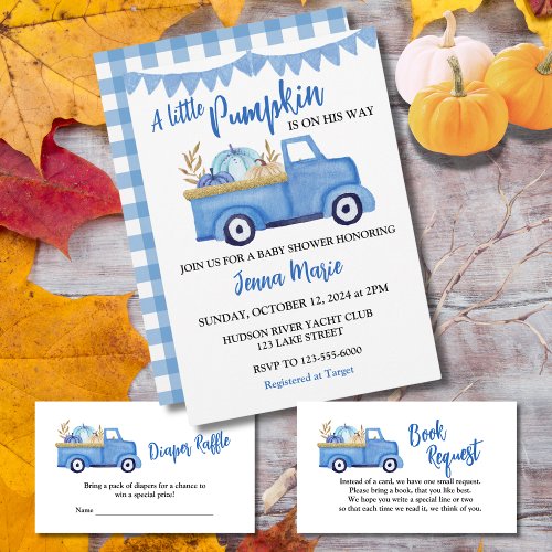 A Little Pumpkin Rustic Blue Truck Baby Shower Invitation