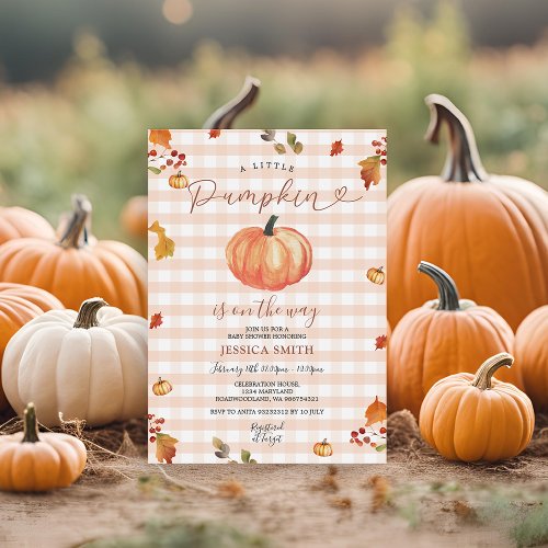 A Little Pumpkin Rustic Gingham Floral Baby Shower Invitation