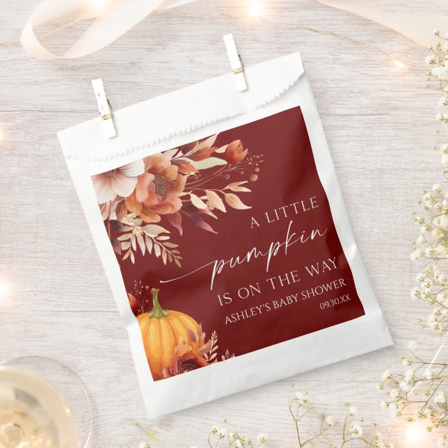 A Little Pumpkin Rusty Burgundy Floral Baby Shower Favor Bag (Clipped)