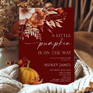 A Little Pumpkin Rusty Burgundy Floral Baby Shower Invitation