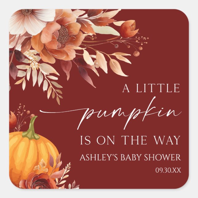 A Little Pumpkin Rusty Burgundy Floral Baby Shower Square Sticker (Front)