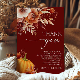 A Little Pumpkin Rusty Burgundy Floral Baby Shower Thank You Card