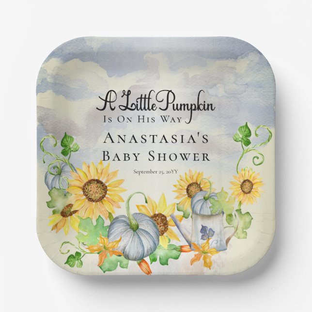 A Little Pumpkin | Sunflowers Boy Baby Shower  Paper Plates (Front)