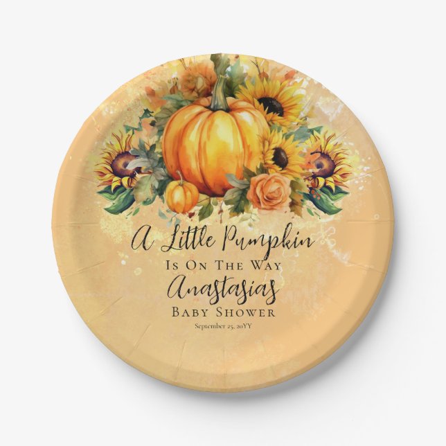 A Little Pumpkin | Sunflowers Fall Baby Shower Paper Plates (Front)
