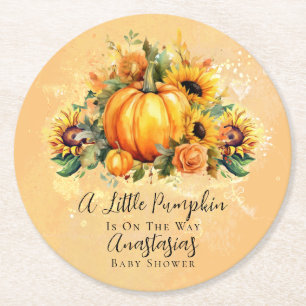 A Little Pumpkin Sunflowers Fall Baby Shower Round Paper Coaster