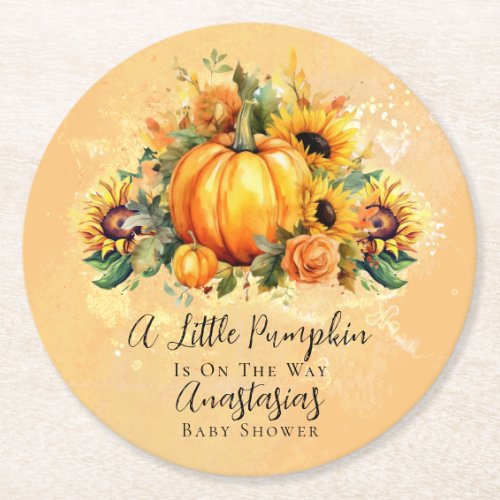 A Little Pumpkin  Sunflowers Fall Baby Shower Round Paper Coaster