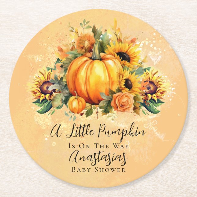A Little Pumpkin | Sunflowers Fall Baby Shower Round Paper Coaster (Front)