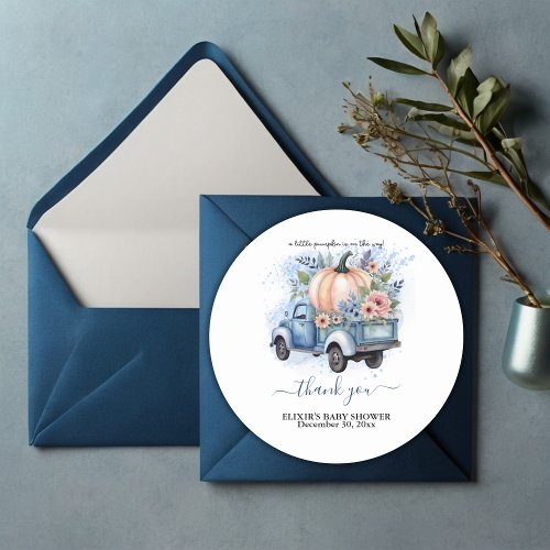 A Little Pumpkin Truck Blue Watercolor Baby Shower Classic Round Sticker