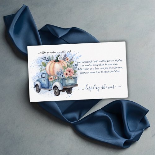 A Little Pumpkin Truck Blue Watercolor Baby Shower Enclosure Card