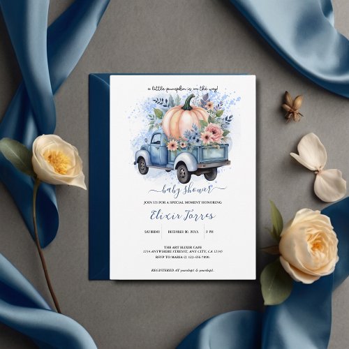 A Little Pumpkin Truck Blue Watercolor Baby Shower Invitation