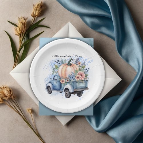 A Little Pumpkin Truck Blue Watercolor Baby Shower Paper Plates