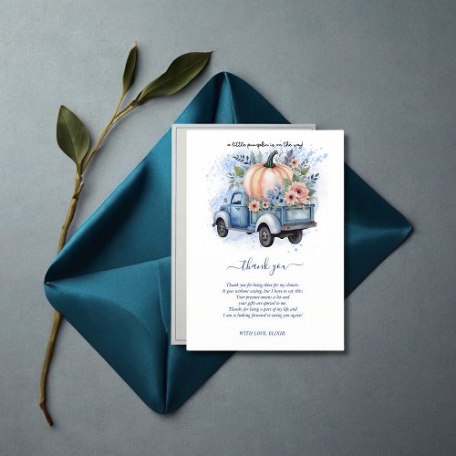 A Little Pumpkin Truck Blue Watercolor Baby Shower Thank You Card